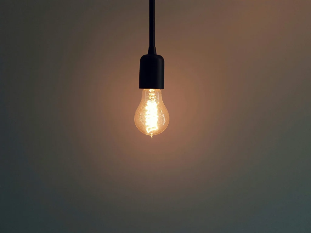 Lit vintage-style Edison bulb hanging with black fixture against a neutral wall.