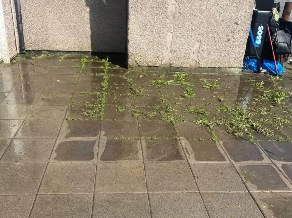 Dirty patio after a handyman job in Dublin, ready for cleaning and restoration.